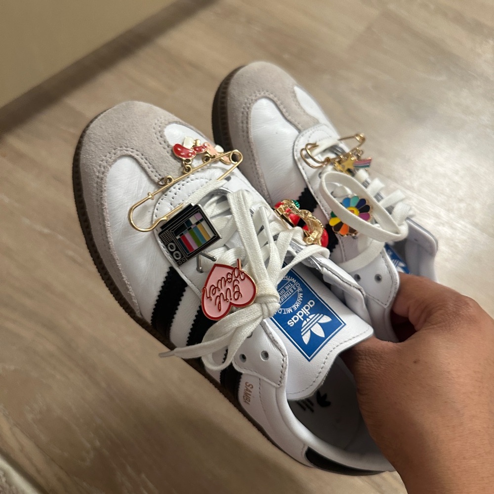 Adidas Kids White, Black, and Tan Sneakers